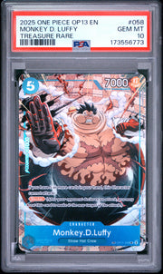Monkey D. Luffy Treasure Rare One Piece Op13-Carrying On His Will OP11-058 NM PSA 10